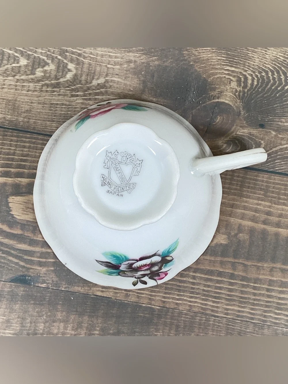 Vintage Shafford Japan Hand Painted Pink & Gray Floral Roses Teacup & Saucer Set